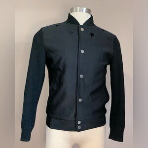 NWOT Men’s black Armani snap front jacket with stars inset with faux pony hair.